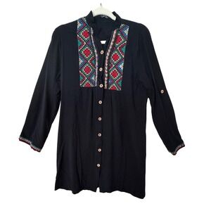 Cool Black Embroidered Boho Tunic Top Long Sleeve Viscose Button Front Women S